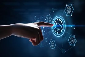 Cloud computing technology concept with 3d rendering human finger point on graphic display