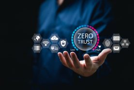 Zero trust and security concept, Businessman show the high level of zero trust icon, Business security network and private data, Fingerprint, cyber crime, Thieves protection, Internet connectivity